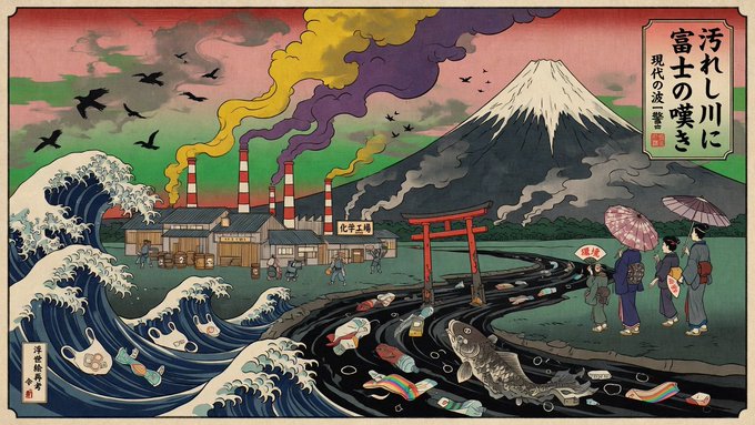 AI：伝統的な日本の浮世絵スタイルで、現代の環境問題をテーマにした作品。